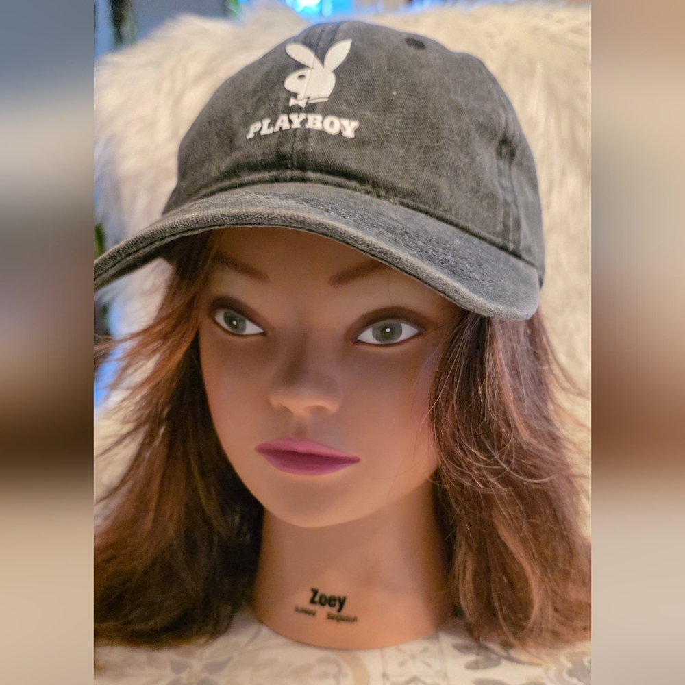 Playboy Distressed Black Denim Rabbit Head Hat